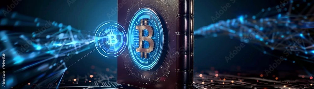 Fototapeta premium Bitcoin emerging from a wallet on a digital circuit board