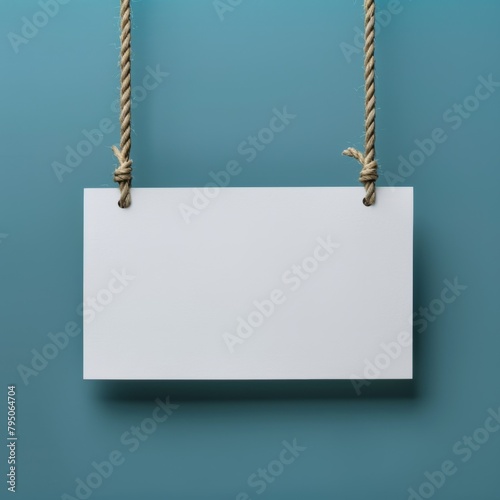 Blank signboard hanging on a golden rope against a textured gray background photo