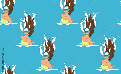 snorkeling dive, woman wear scuba gear free diving, underwater activities fun summer vibe seamless pattern