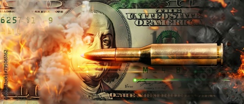 Bullet piercing through a hundred dollar bill in flames photo