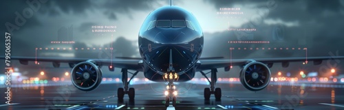 Commercial airplane on runway at night with futuristic digital enhancements
