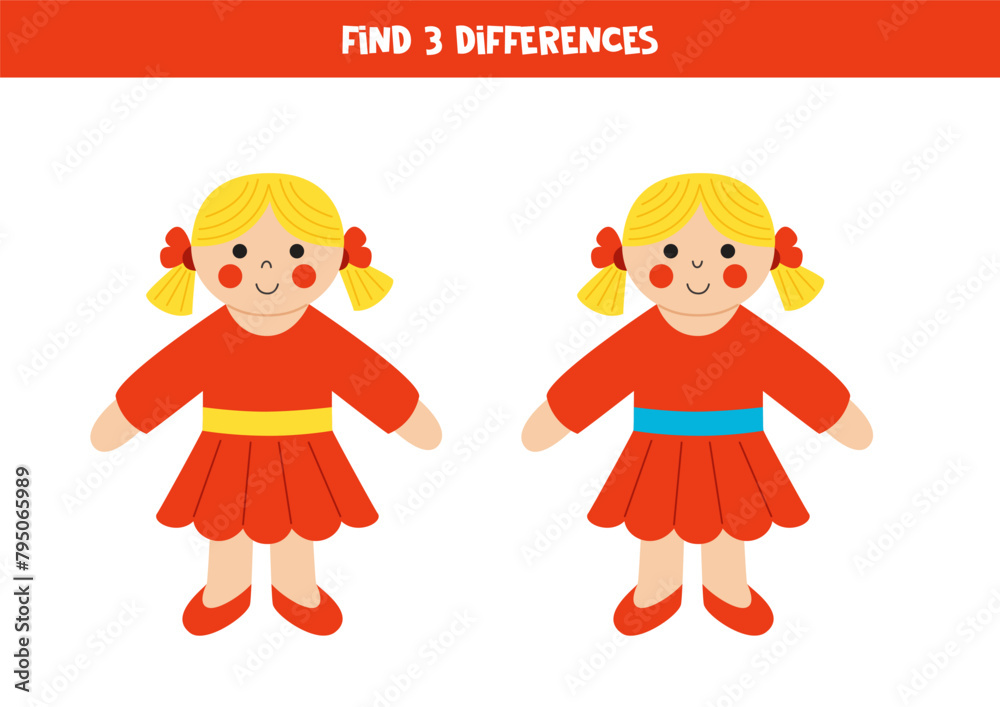 Find 3 differences between two cute cartoon dolls. Stock Vector | Adobe ...