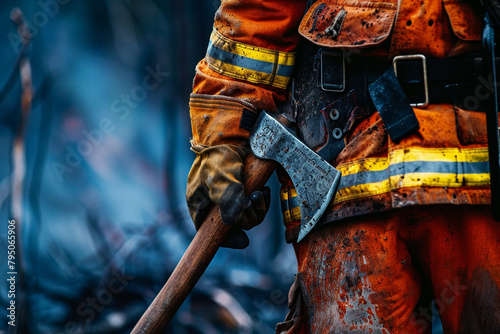 Firefighter with axe in hand closeup