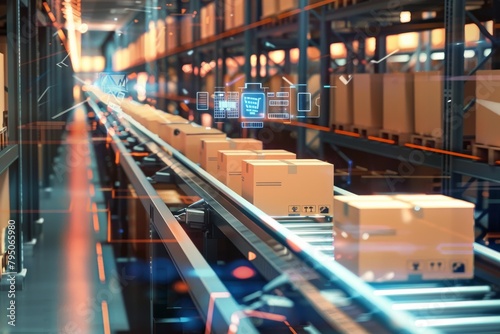 Automated warehouse with cardboard boxes on conveyor belts and digital interfaces © kilimanjaro 