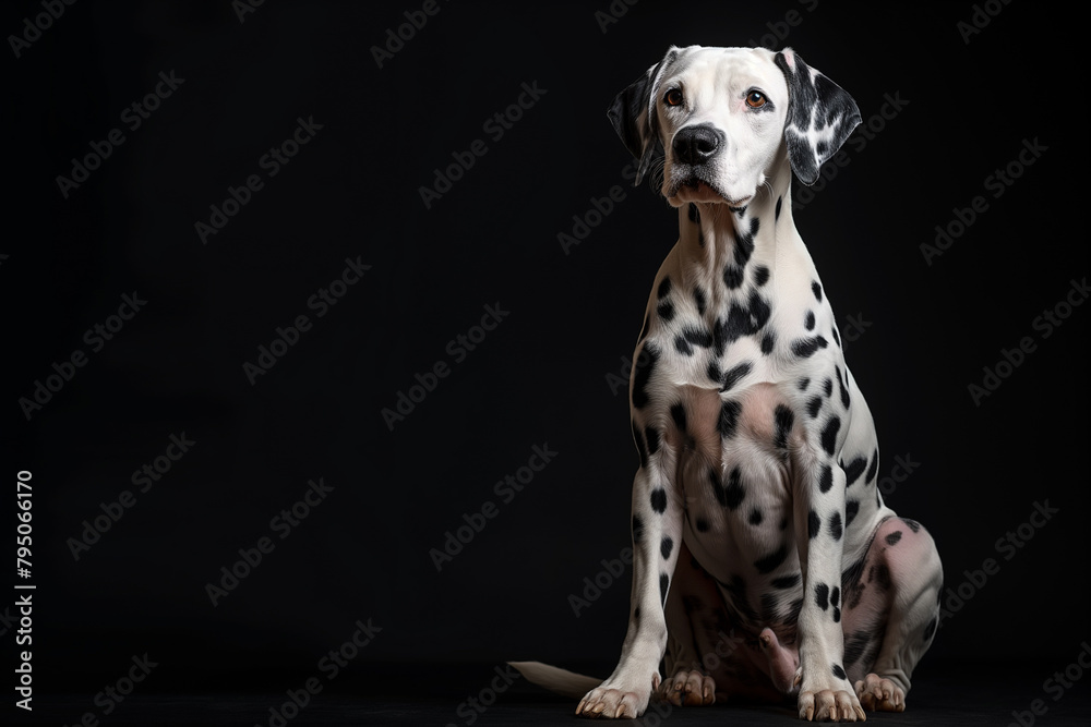 Dalmatian dog, The Dalmatian dog sits on the floor, 100% black studio background, slight down angle, studio lighting, full body shot, ultra realistic Dalmatian dog, The Dalmatian dog sits on the floor, 100% black studio background, slight down angle, studio lighting, full body shot, ultra realistic