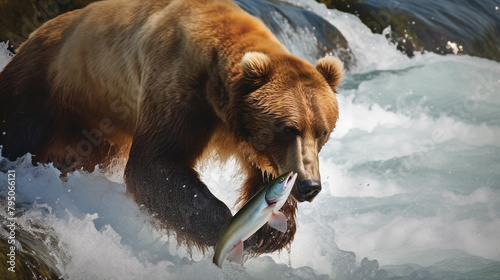 /imagine A majestic grizzly bear catching a salmon in a rushing river, its powerful jaws snapping shut with precision.