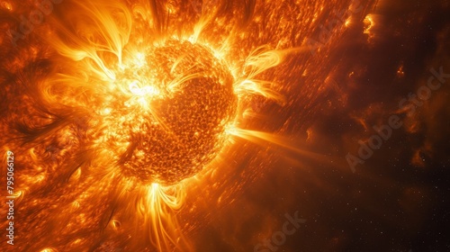 lower third shot of solar surface with powerful bursting flares and star protuberances erupting with magnetic storms and plasma flashes. photo