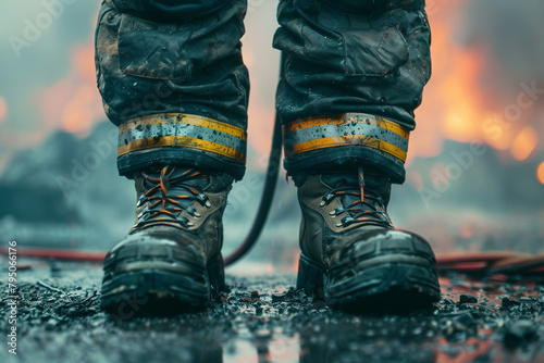 Firefighters boots standing firm closeup