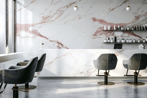 a room with chairs and a marble wall
