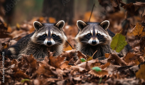 /imagine A pair of inquisitive raccoons exploring a pile of fallen leaves, their masked faces full of curiosity.