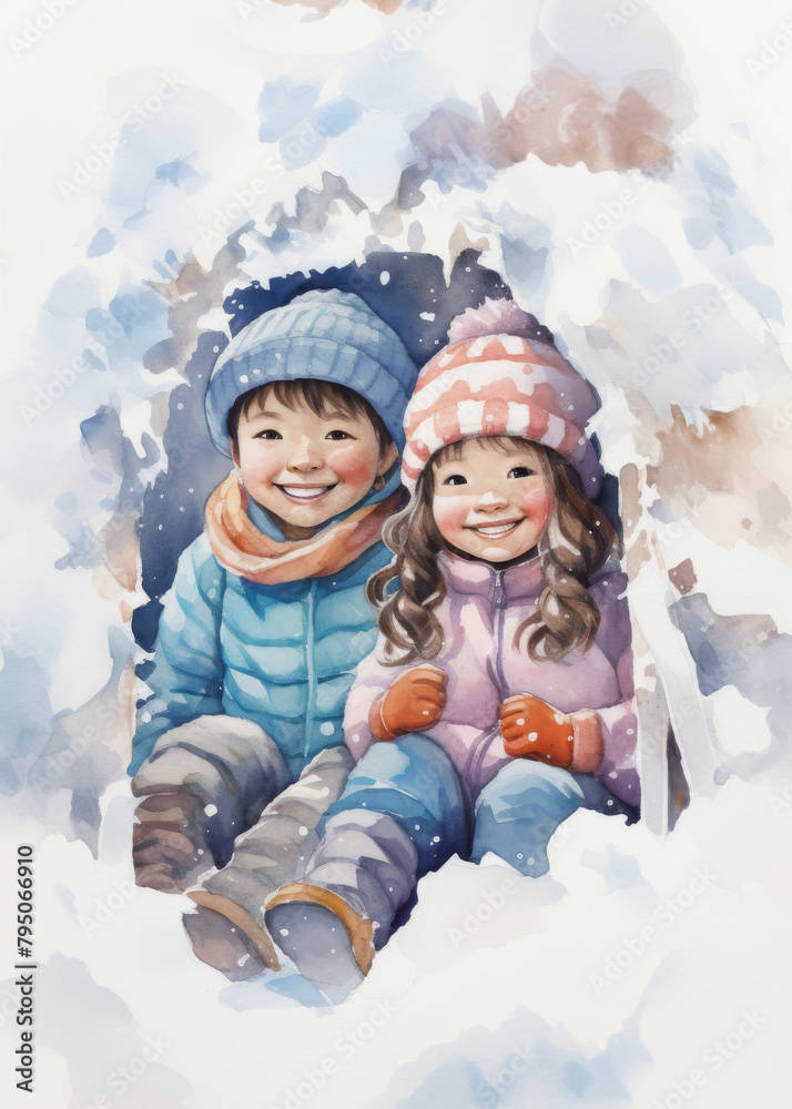 A heartwarming watercolor of two children, bundled up in cozy winter clothes, sharing a joyous moment surrounded by a snowy landscape.