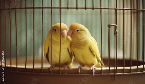 /imagine A pair of lovebirds cuddled up on a perch in their birdcage.