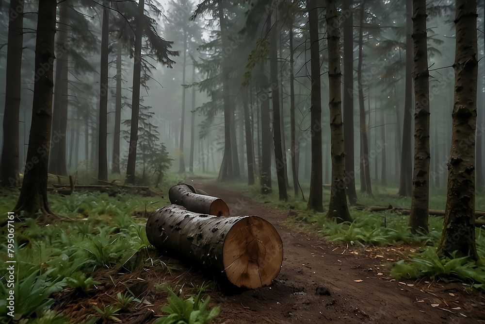 Flat stone podium in the magical forest empty round stand background Flat stone podium in the magical forest empty round stand background
