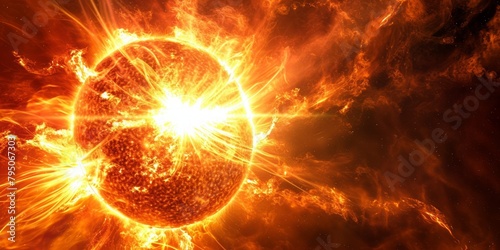 solar surface with powerful bursting flares and star protuberances erupting with magnetic storms and plasma flashes. photo