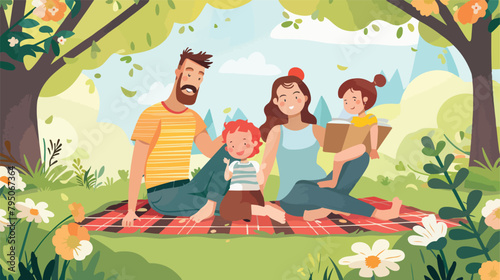 Happy family resting on plaid in park Vector illustration