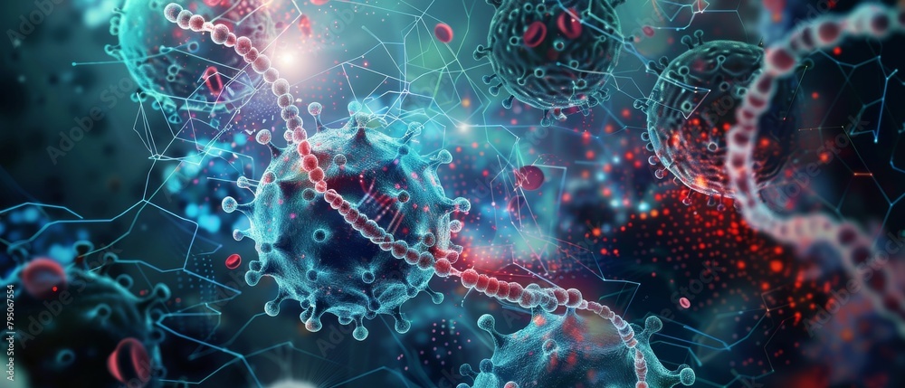 Vivid illustration of virus particles in a dynamic environment Vivid illustration of virus particles in a dynamic environment