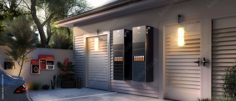 Modern home exterior with multiple electrical panels at dusk