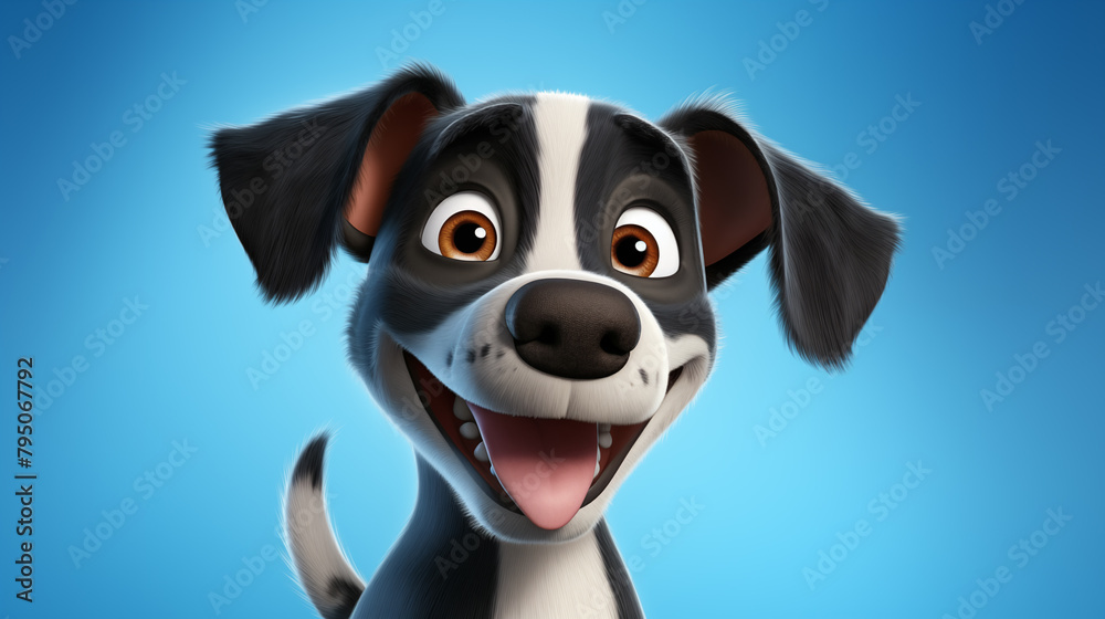 Smiling Cartoon Dog. Black and white cartoon dog with a big, toothy grin. The dog’s expressive eyes and playful smile make it a perfect image for pet-related products, children’s illustrations