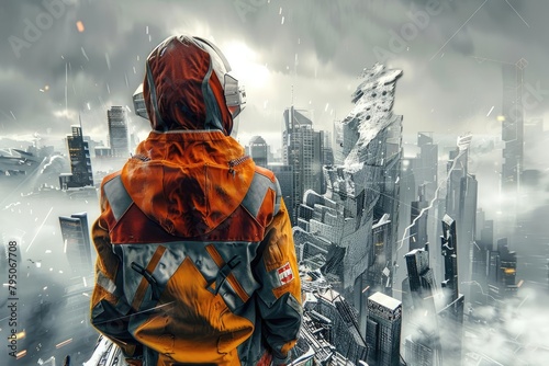 Illustrate a post-apocalyptic nomad adorned in tattered, patchwork garments, standing defiantly atop a crumbling skyscraper Emphasize the contrast between their rugged appearance and the urban decay b photo