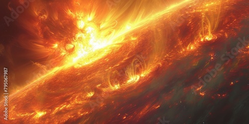 solar surface with powerful bursting flares and star protuberances erupting with magnetic storms and plasma flashes.