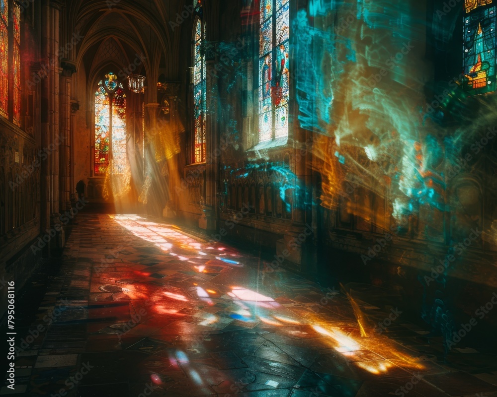 Stained glass church windows with light rays