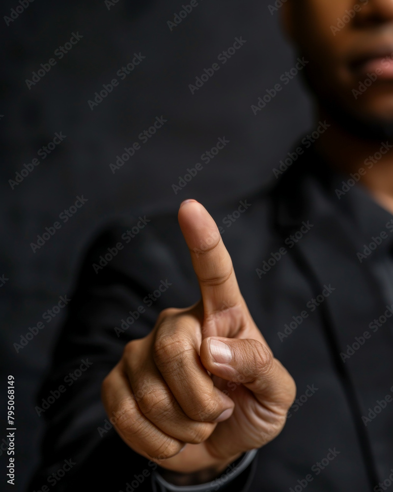 Businessman pressing an imaginary button, pointing finger of hand Businessman pressing an imaginary button, pointing finger of hand