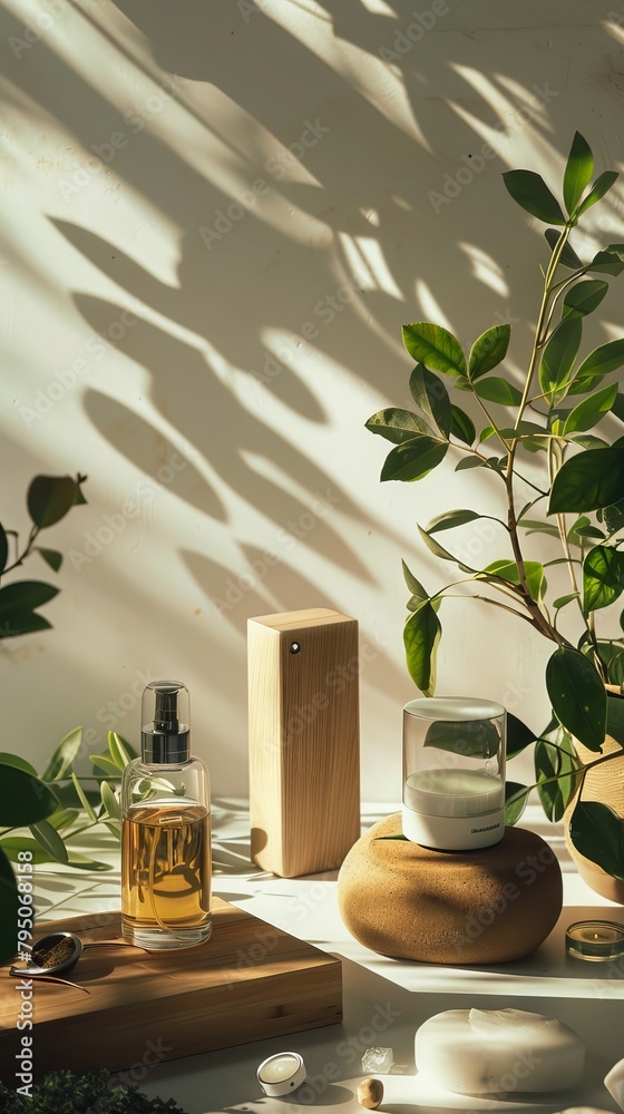 Still life photography of a wooden table with a glass essential oil bottle, a wooden essential oil diffuser, and a wooden bowl with a candle on it. There are green leaves and shadows of leaves on the Still life photography of a wooden table with a glass essential oil bottle, a wooden essential oil diffuser, and a wooden bowl with a candle on it. There are green leaves and shadows of leaves on the