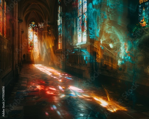 Stained glass church windows with light rays photo