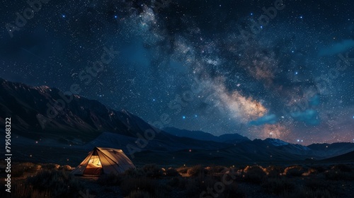 The milky way stretches across the sky above a lone tent in the mountains.