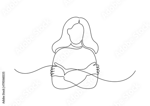 Woman embracing herself. Selfcare, psychological concept. Continuous line drawing.