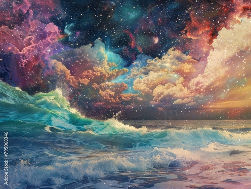 The prompt is: "A beautiful painting of a beach at sunset. The sky is a vibrant mix of colors, with a starry night sky and a crescent moon. The ocean is a deep blue, with crashing waves. The beach is