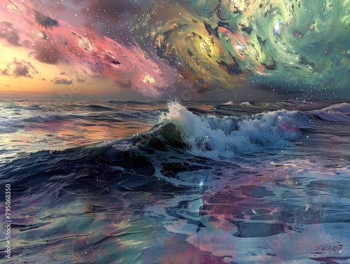 The prompt for this image is  ocean  stars  and sky with bright colors. 