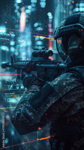 Futuristic soldier aiming with a rifle in a neon-lit city