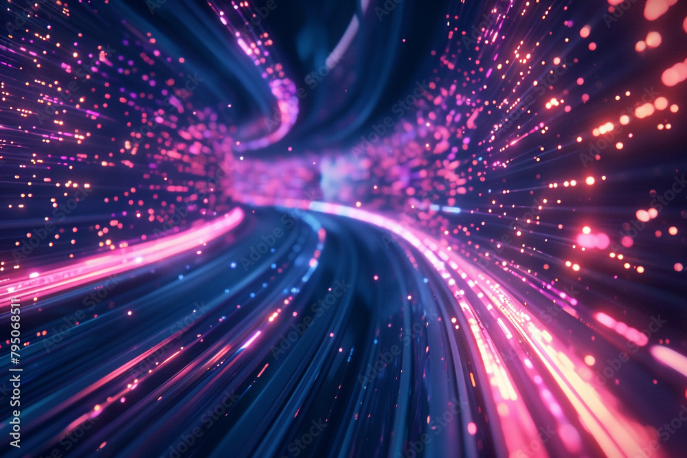 Flowing data lights, high velocity, twilight ambiance, front angle, sleek tech advertisement Flowing data lights, high velocity, twilight ambiance, front angle, sleek tech advertisement