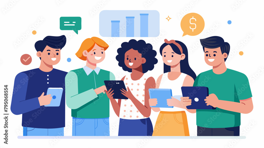 . A group of young adults excitedly discussing the different features of their online banking app from checking their account balance to . A group of young adults excitedly discussing the different features of their online banking app from checking their account balance to