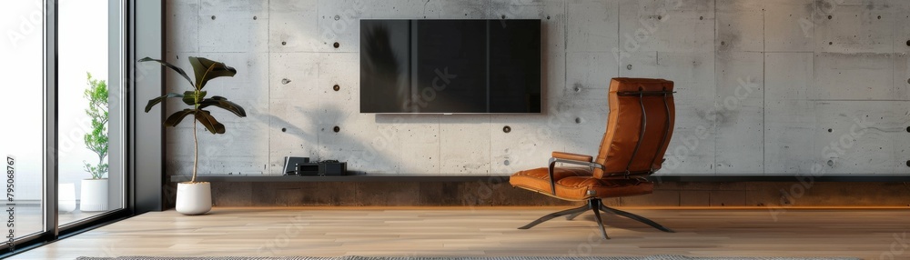 Modern home office with concrete walls and stylish furniture Modern home office with concrete walls and stylish furniture