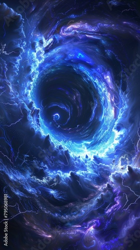 Blue and purple cosmic vortex with electric discharges