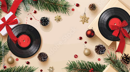 Vinyl disks and Christmas decor on light background vector photo