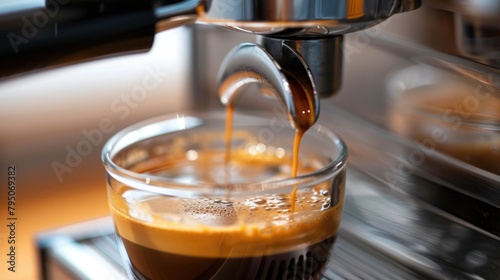 Close up of espresso pouring from coffee machine into a cup in cafe