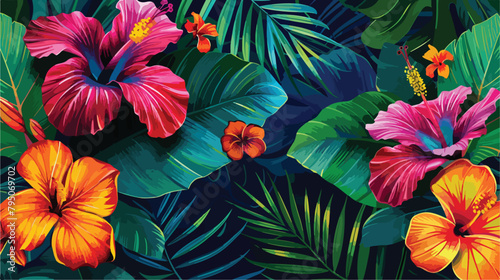 Wallpaper of tropical flowers green leaves of palm tr