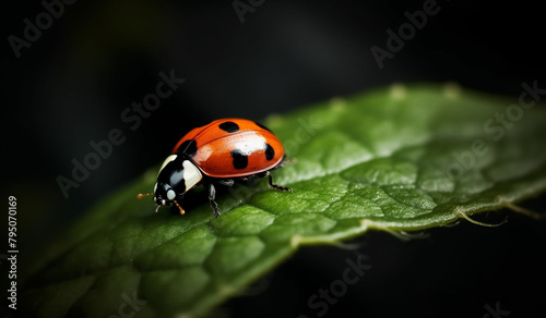 /imagine A tiny ladybug crawling along the edge of a leaf, its red and black spots standing out vividly. © Creative