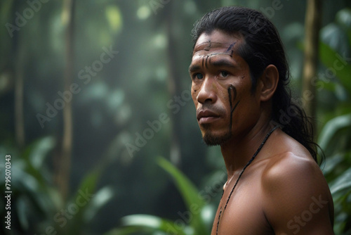 An Amazonian Tribal Man in jungle photo
