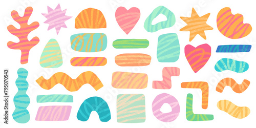 Abstract pastel summer cut out shape set. Organic isolated blob shape collage vector elements with textured scribbles.