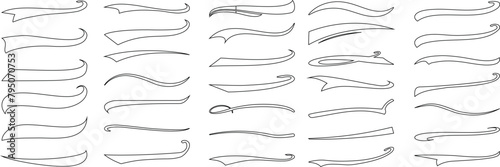text Swoosh vector line art set, tail designs collection, simple curves, elaborate swirls, plain background. Perfect for logo, branding, graphic design elements, sports, fashion, or typography