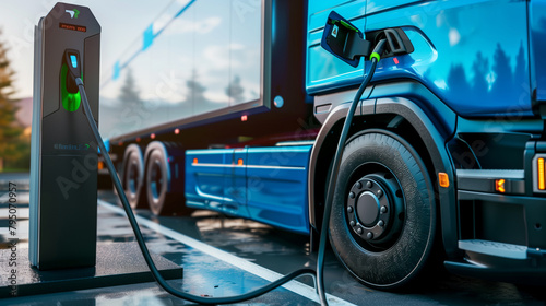 copy space, Stockphoto, copy space, modern truck charging on an electric charging point. Detail view of an electrical truck, renewable energy theme. Clean green energy, zero waste.