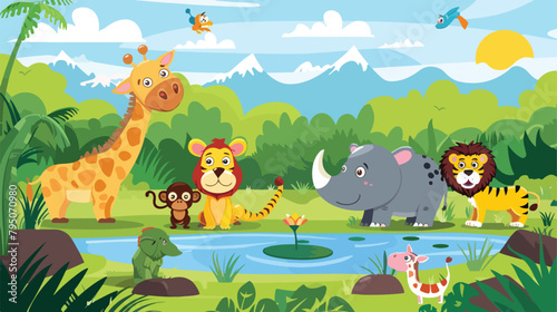 Wild animals with landscape - cute cartoon vector illustration