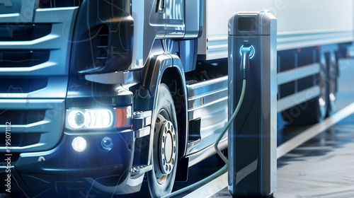 copy space, Stockphoto, copy space, modern truck charging on an electric charging point. Detail view of an electrical truck, renewable energy theme. Clean green energy, zero waste. © Dirk