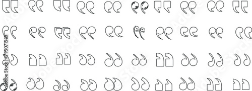 diverse quotation marks. Line art symbols for typography, dialogue, and text. Simple to ornate styles on a white background