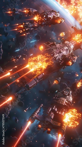 Visualize a thrilling space battle through unexpected camera angles in a dynamic photorealistic style Showcase intricate starships and celestial explosions, immersing viewers in the epic clash
