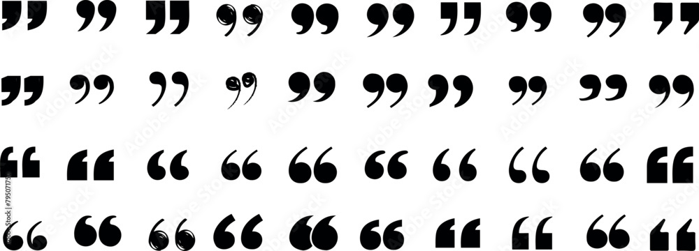 Collection of diverse quotation marks, black symbols on white, mix of solid and calligraphic styles, single and double quotes. Ideal for typography, writing, and language related content Collection of diverse quotation marks, black symbols on white, mix of solid and calligraphic styles, single and double quotes. Ideal for typography, writing, and language related content